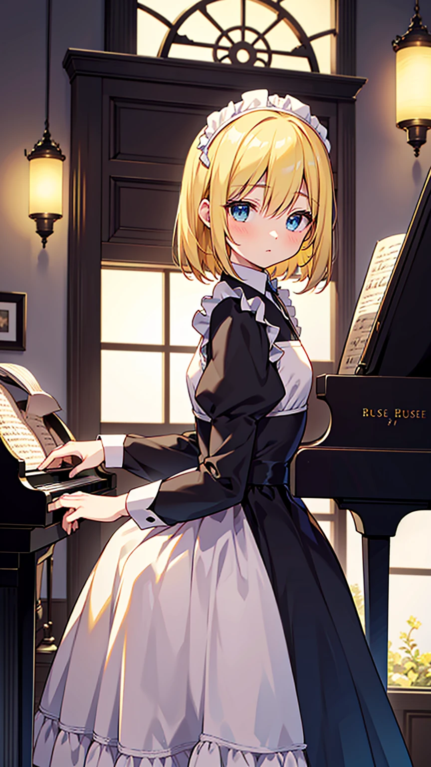 an anime drawing about a young blonde lady, blue eyes, beautiful body, dressed with a black maid dress, playing the piano. Background is a old fashioned house, huse and rich, with yellow lamps, very detailed, 4K, colorful, masterpiece.