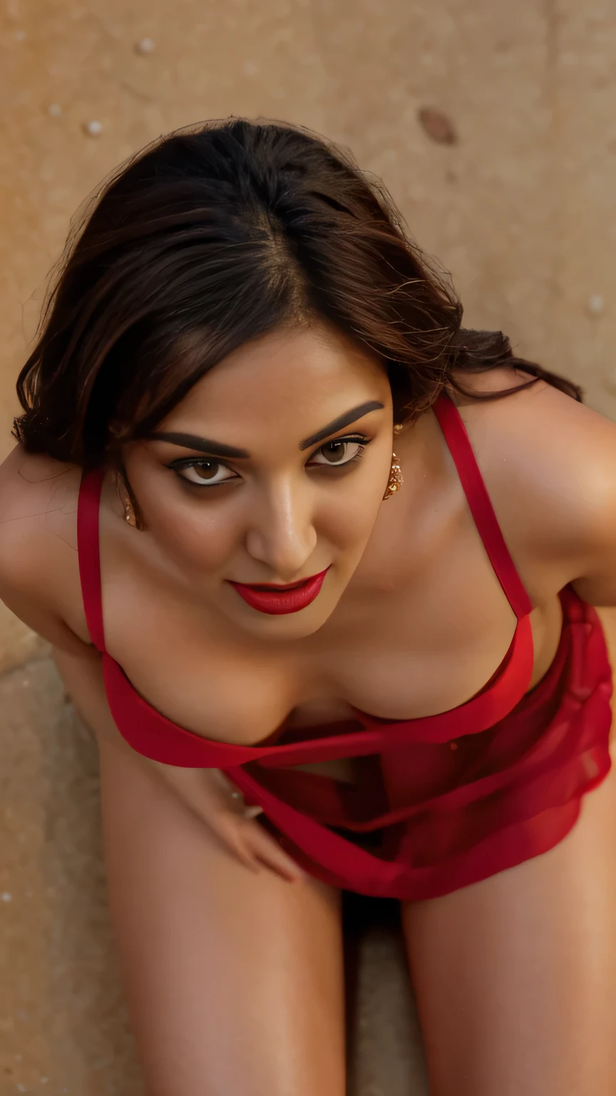 extreme close up photo of Kiara on knee, (((from above))), thick, seductive eyes, swooping breasts, nipples, brunette, (((looking at viewer))), sultry, red saree, red lips, fit, atlethic body, 4K, HD