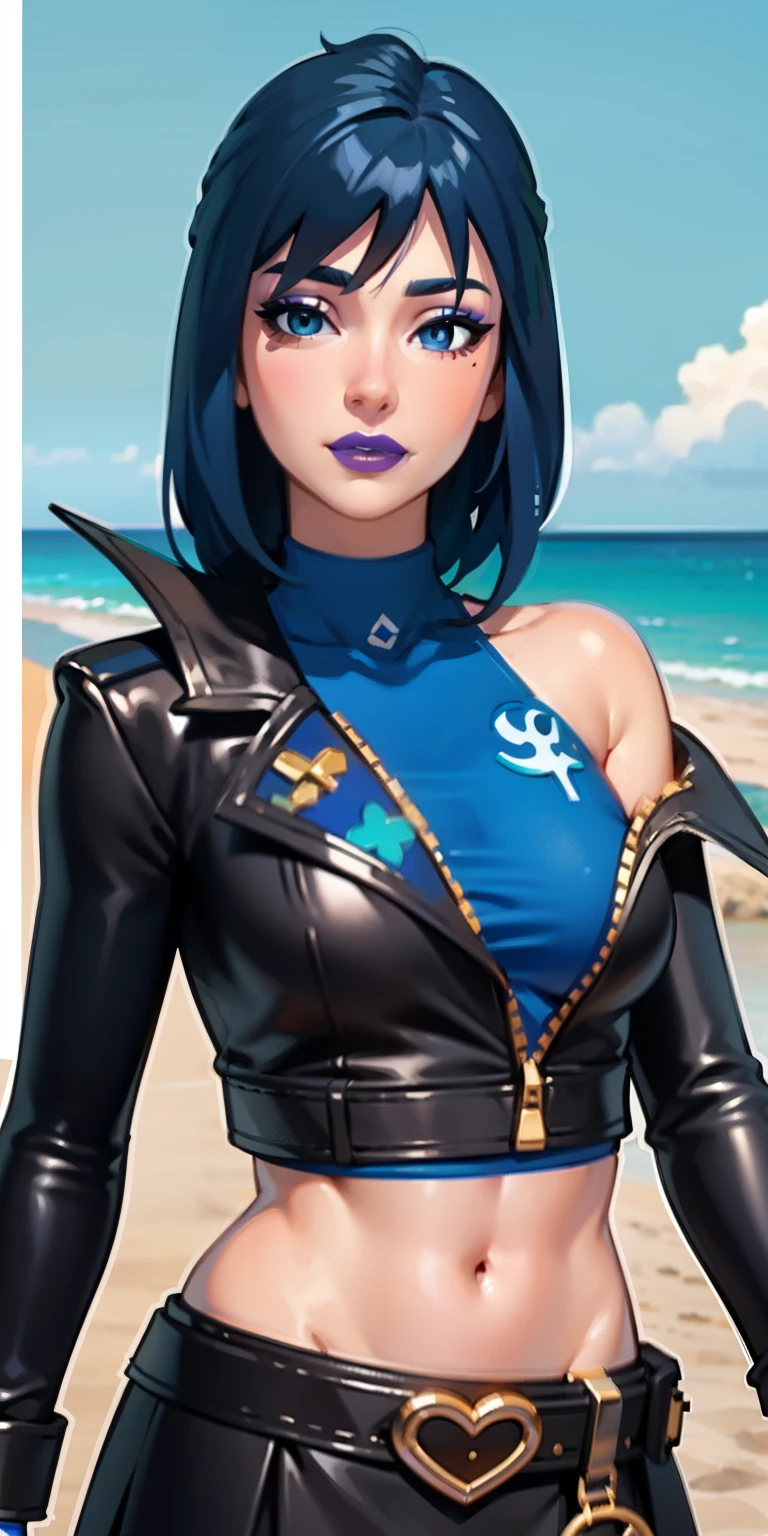 Beach background, Realistic, HeroicHopeFN, 1girl,blue hair,blue eyes, eyeshadow,upper body,(speed lines:1.1),medium breasts, love, heart, gold hearts, black jacket, jacket crop top, blue crop top, black skirt, navel, purple lips, lipsticks, winked, happy, looking at viewer, facing viewer