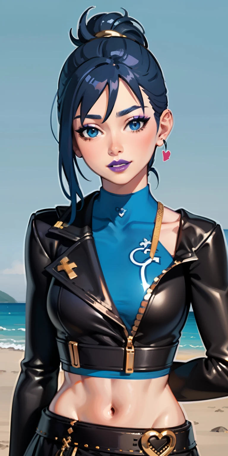 Beach background, Realistic, HopeFN, 1girl,blue hair, ponytails, blue eyes, eyeshadow,upper body,(speed lines:1.1),medium breasts, love, heart, gold hearts, black jacket, jacket crop top, blue crop top, black skirt, navel, purple lips, lipsticks, winked, happy, looking at viewer, facing viewer