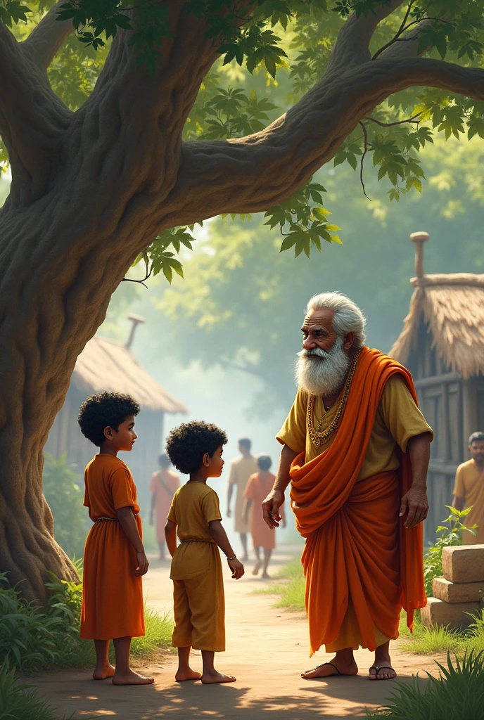 Two Hindu saints were passing through the forest , The Hindu saint had a kamandal in one hand and a red bag in the other hand. He poured water from his kamandal on the child's eyes