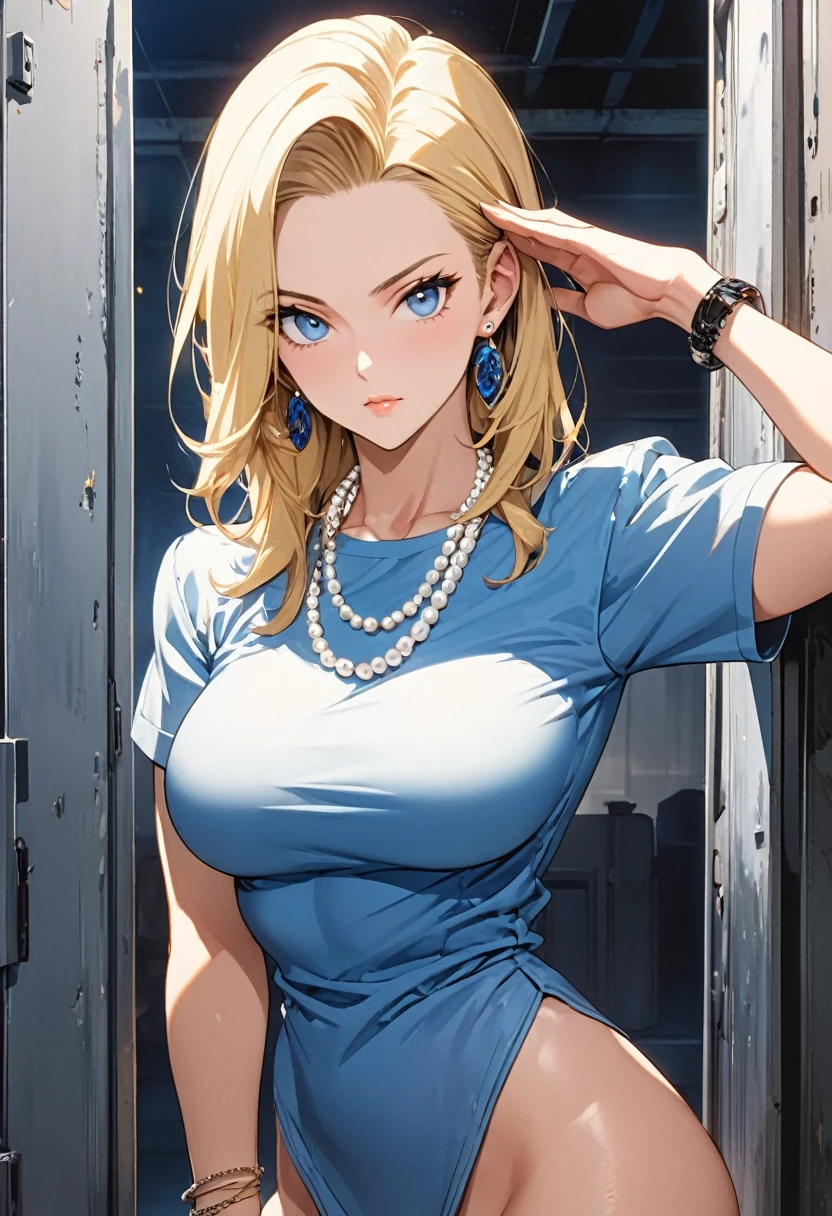 masterpiece, Highest quality, High resolution, (Artificial Human Room No. 18),1990s \(style\),(E-cup beautiful breasts)、 (tall:1.2),height: 170cm,Fashion model body type、Muscular、(sexy)、nsfw,独奏,Anime-style painting style, blonde, blue eyes, Military Shirts,Pearl_necklace, bracelet, Earrings, Short slicked back hair, Earrings,Pose on Salute,Composition focusing on the upper body,(Cool look)、(Pointed eye corners),The background is the outdoors of a military base.,Cinematic lighting,Ultra-fine,magnificent view、Kamehameha from the hand