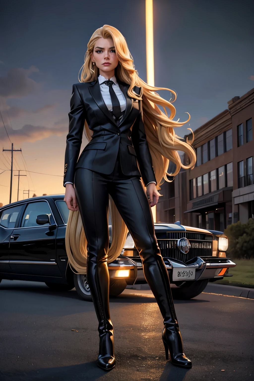 Portrait of european woman with (long straight blonde hair), wearing a (black business suit, black formal boots) standing near ((Buick Roadmaster 96)), Badlands background with dead trees. super high quality, super high detail, masterpiece, 4k, 8k, HDR, masters of the universe, masterpiece, best quality, anatomically accurate, detailed face, pretty face, extremely detailed face, ((((1girl)))), (long hair), (long legs), 