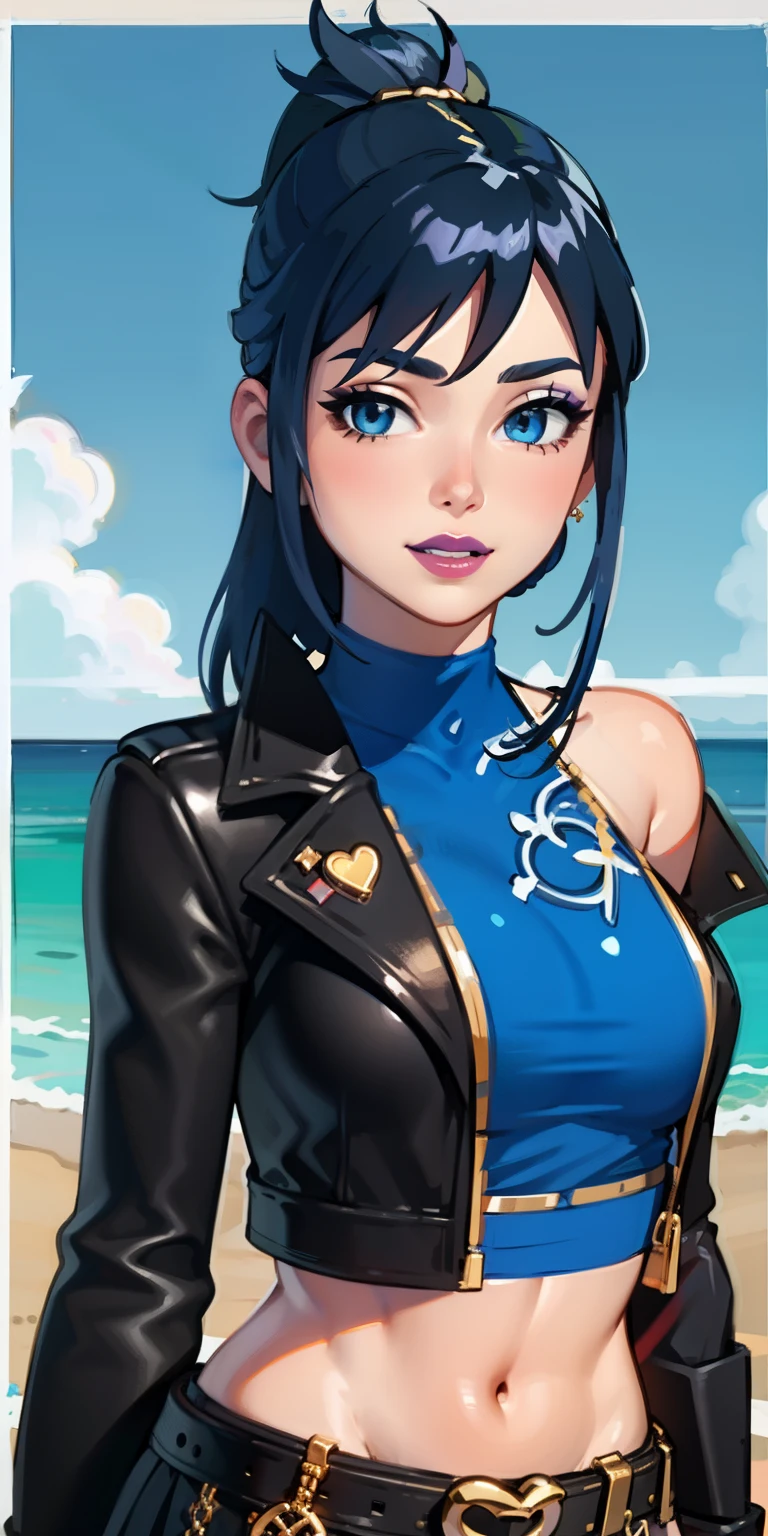 Beach background, Realistic, HopeFN, 1girl,blue hair, ponytails, long hair, blue eyes, eyeshadow,upper body,(speed lines:1.1),medium breasts, love, heart, gold hearts, black jacket, jacket crop top, blue crop top, black skirt, navel, purple lips, lipsticks, winked, happy, looking at viewer, facing viewer