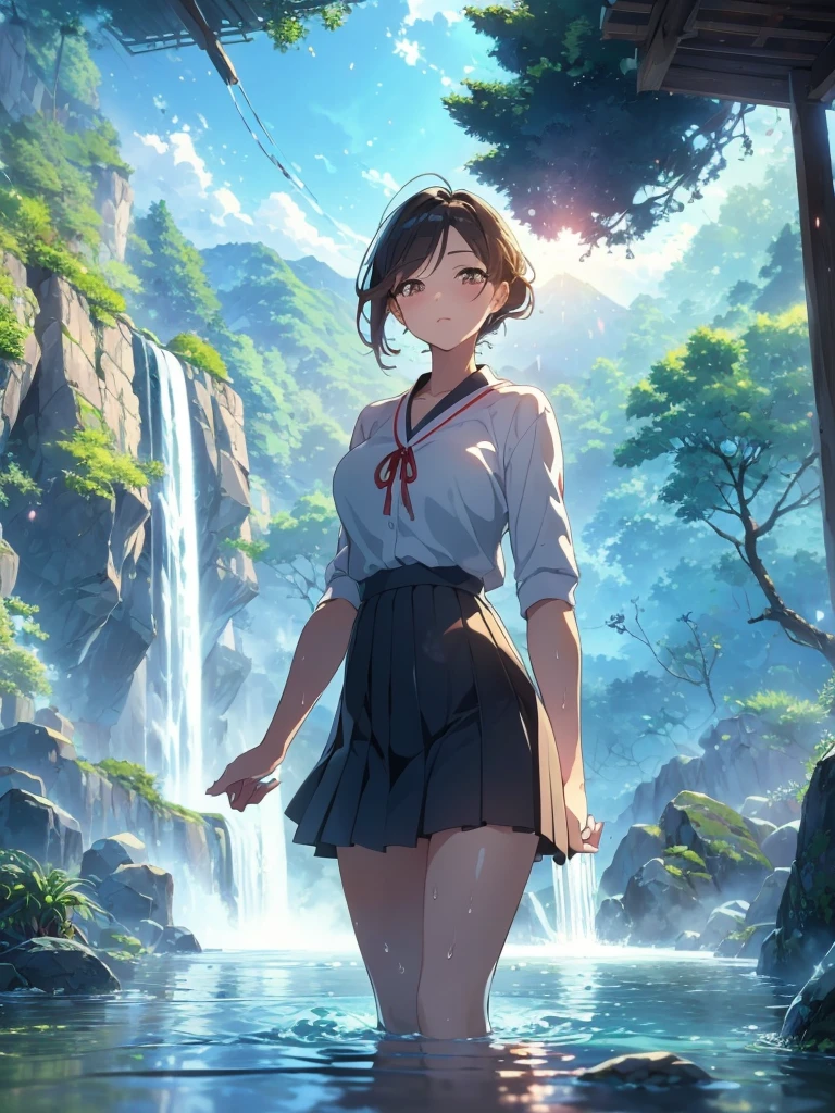 born, masterpiece, Ultra-fine photography,, 最high quality, Ultra-high resolution, ((Nature)), (((Great Falls))), (((Fantastic sky background))), (((Spectacular landscapes))), (((Magnificent sky background))), (((A magnificent torii gate:1))), ((Big waterfall)), ((fleshy body)), ((Glamorous body)), ((Lewd pose)), (((A beautiful woman bathing in water from a waterfall))), (((Drenched white blouse))), (((A soaked navy blue pleated skirt))), (((A thin red ribbon that is starting to unravel))), ((Bob Cut Hair)), ((A composition that makes you think about the future)),(((Photogenic beauty))), Realistic, ((Sparkling Splash)), (((Solemn atmosphere))), (Stunningly beautiful woman), ((Golden ratio of the face)), ((Beautiful light reflection)), ((Full body portrait)), ((Glamorous body)), (Perfect anatomy), (Perfect anatomical toes),Amazingly beautiful, Dynamic pose, Delicate face, bornきbornきとした目,Highly detailed background, Detailed face, Detailed busy background, nice, High definition skin, Realistic skin details,8k,Digital single-lens reflex camera, high quality,Photorealism,View from below, (最high quality, 8k, masterpiece: 1.3),Ultra-high resolution,Shot with Canon EOS R 6, Perfect anatomy, Perfect anatomical fingertips, Dark brown hair: 1.1, Ultra detailed face, Detailed lips, Fine grain, double eyelid, charm,masterpiece, 最high quality, Looking into the distance, Beautiful Face, Freeze, Stunned, Dynamic pose, Highly detailed background, Detailed face, Detailed busy background, nice, High definition skin, Realistic skin details,8k,Digital single-lens reflex camera, high quality,Photorealism,View from below,NSFW,(最high quality, 8k, masterpiece: 1.3),Ultra-high resolution,Shot with Canon EOS R 6, Dark brown hair: 1.1, Ultra detailed face, Detailed lips, Almond-shaped eyes, double eyelid,A beautiful Japanese wife, charm的,