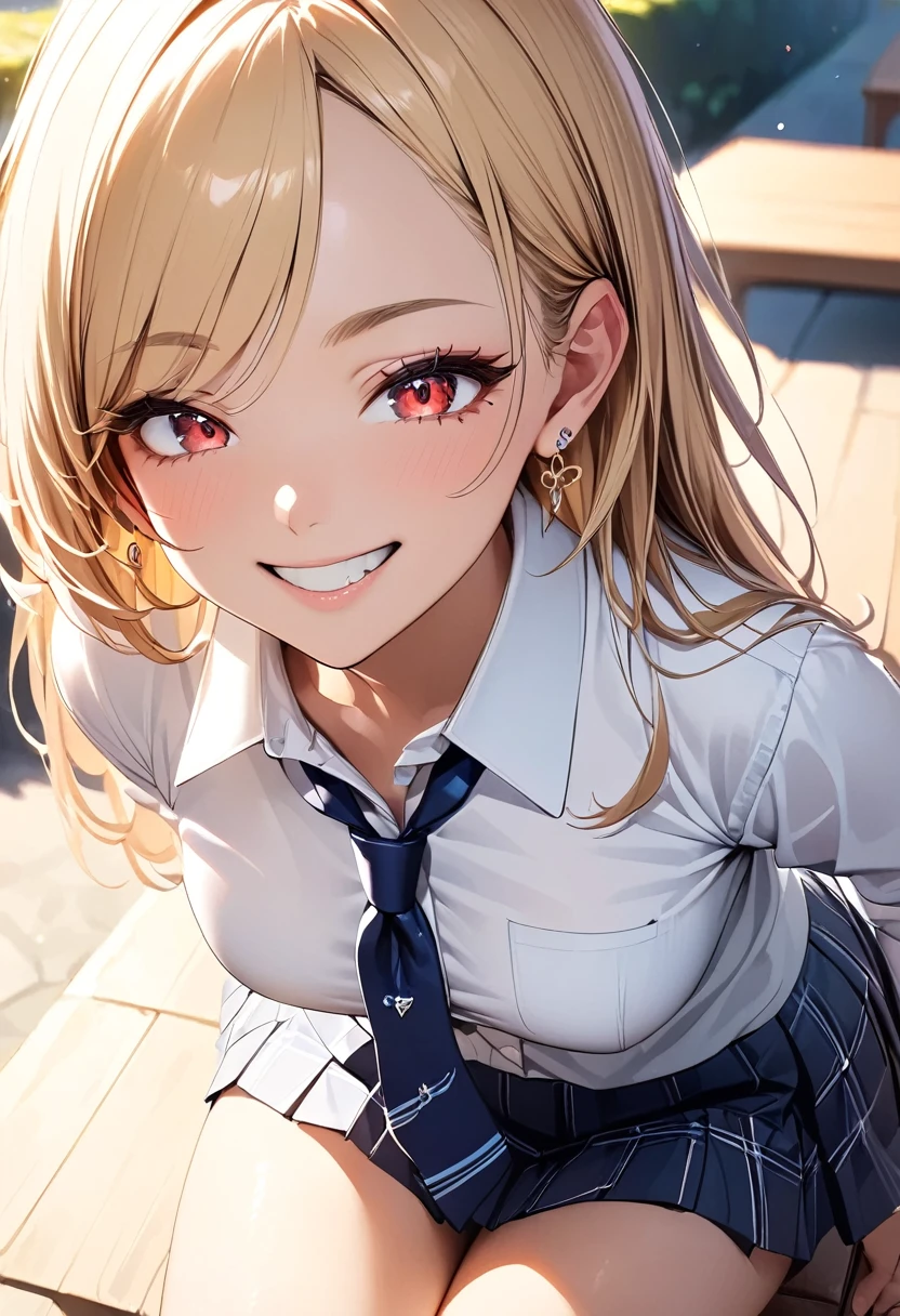 Anime girl with long red hair and tie sitting on a bench Table Top, Highest quality, High resolution, Kitagawa Marine, One Girl, Blonde, Long Hair, Multicolored Hair, Red eyes, jewelry, Earrings, Earrings, school uniform, White shirt, tie shirt, Black choker, Blue tie, Checked skirt, Hands on hips, ,Grin, smile, Are standing, Cowboy Shot, Outdoor, Dark blue high socks　Magic Mix Real、(RAW Photos:1.2)、(Photorealistic:1.4)、The beauty of beautiful details　Delicate expression、Blondeの、((I can see your pants))(Squatting panchira)Earrings　Eyelashes　Beautiful and fine details、Large file size、Ultra-detailed、High resolution、Transcendental beauty　Highest quality、masterpiece、、(Japanese high school girls uniform))、Extremely detailed representation　 grow、In detail、Highly detailed facial cinematic lighting、Two、Positive、((Dynamic Pose)))、(Sit with your knees bent))、Pleated skirt、blazer、Sexy upward glance、I am smiling at you