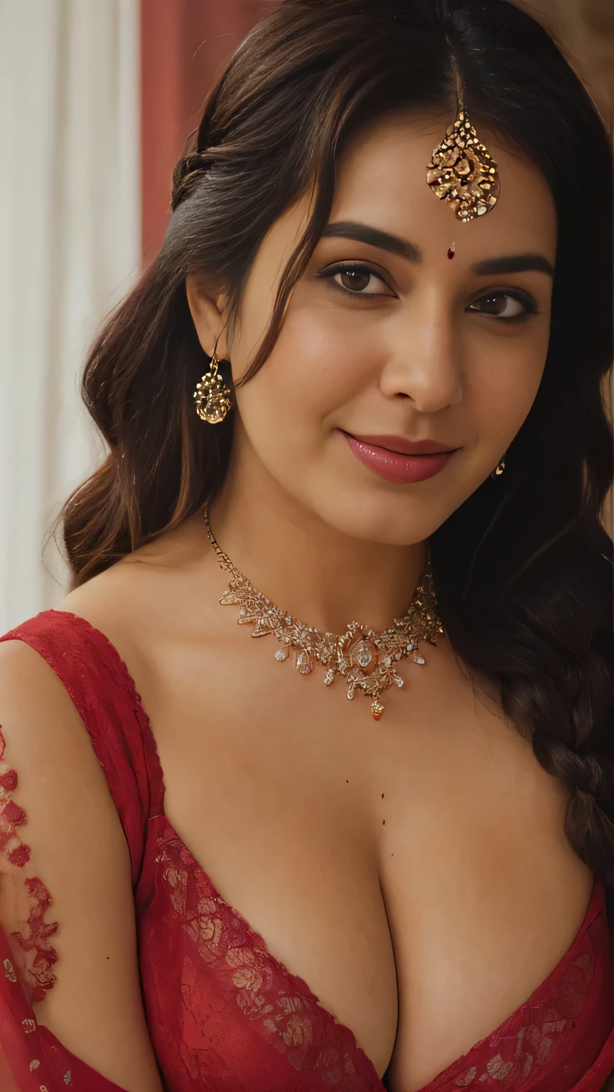  close up photo of indian Greek goddess, Voluptuous, hourglass figure, swooping breasts, showing deep cleavage, kneeling in  celebrations, french braid hair, necklace, nipples popping out from sexy red lace bra, sultry, seductive eyes, look at viewer and smile, (cinematic:1.3), intricate details, (ArtStation:1.2)