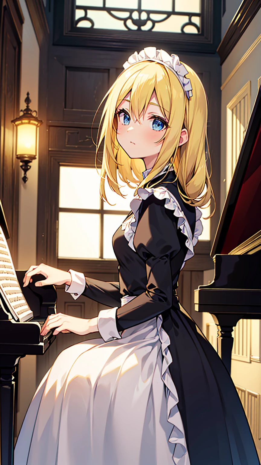 an anime drawing about a young blonde lady, blue eyes, beautiful body, dressed with a black maid dress, playing the piano. Background is a old fashioned house, huse and rich, with yellow lamps, rustic walls, very detailed, 4K, colorful, perfect body, perfect face, perfect hands, masterpiece.