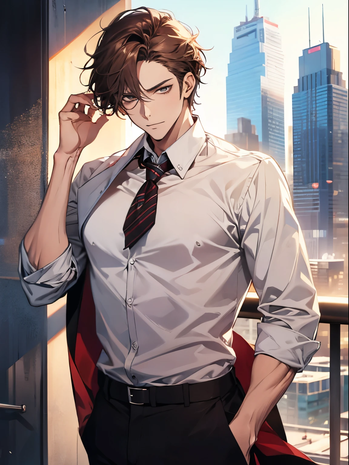 Anime Sexy man, dark hair, white office shirt, trousers, on the top of a skyscraper