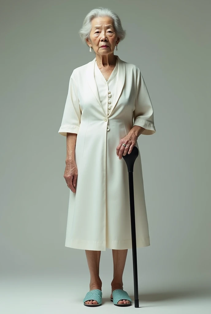 Portrait of ine white judge 70 year woman, with gray middle range hair, wearing a woman black suit, with black cape.  Holding two transparent bags, one in each hand with cannabis buds. In the background a cannabis plantation.