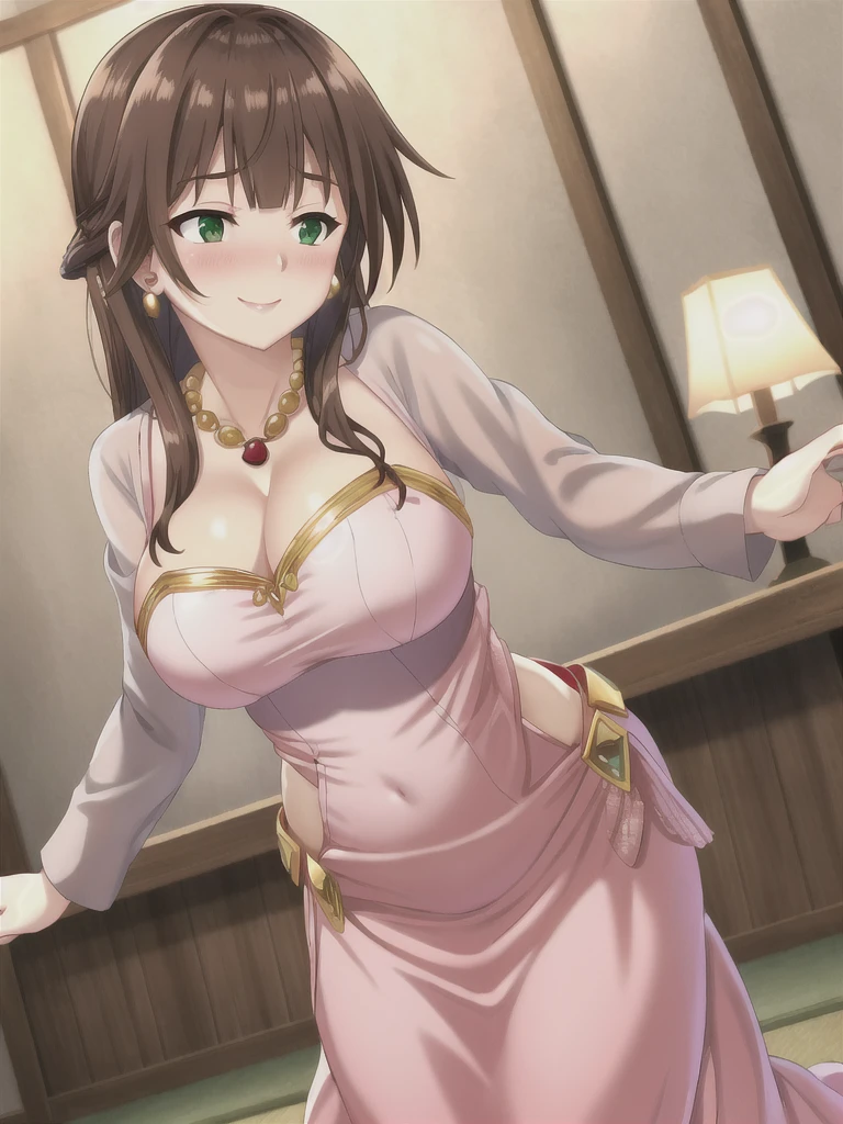 dynamic pose, cinematic angle, solo, blunt bangs, satou_kazuma, long brown hair, green eyes, white skin, shiny skin, large breasts, gold necklace, gold earings, gold necklace, cleavage, pink eyeshadow, pink lips, smile, red blush, happy face, long dress, long dress, bra, white belly dancer dress, bedroom, standing, dance, 