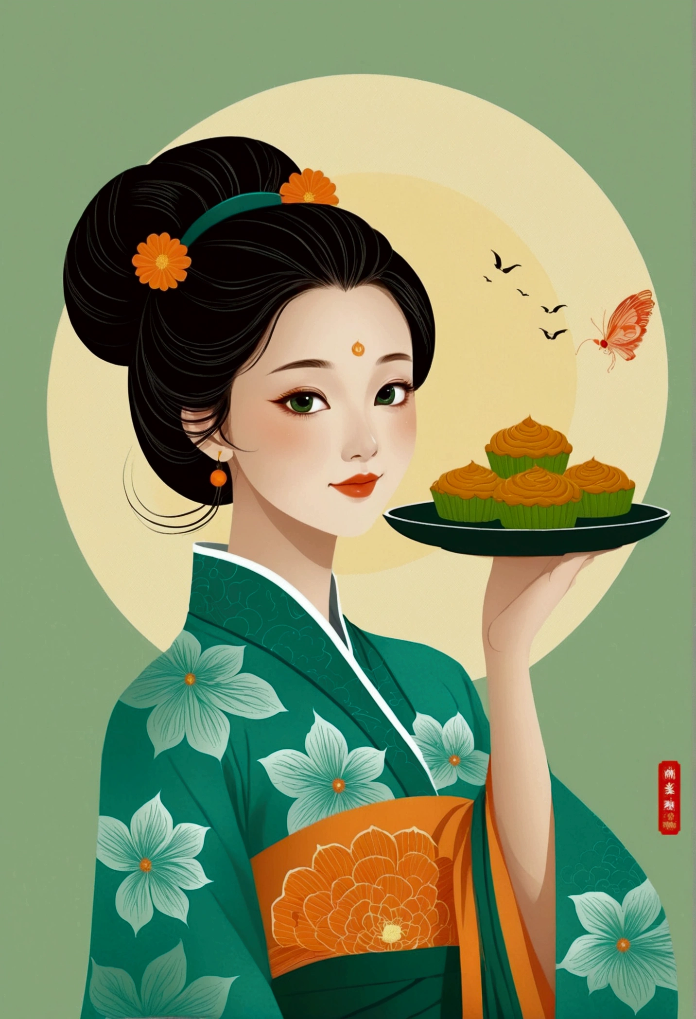 Mid-Autumn Festival poster design，girl，Cyan and Green，Starbucks mooncakes，moon，orange color，big eyes，Cute expression，Two hair buns，cheongsam，cartoon，Fresh，Romantic，Simple，Modern design