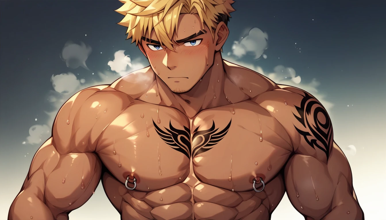 Highest quality、Super detailed、Highest quality、perfect anatomy、super detailed skin、(muscular male:1.3)、(father:0.5)、Sentai Hero、Brown skin、tattoo on chest、nipple piercing、Blonde、Short Hair、Sports haircut、short hair、A fun atmosphere、(sweat:1.3)、steam