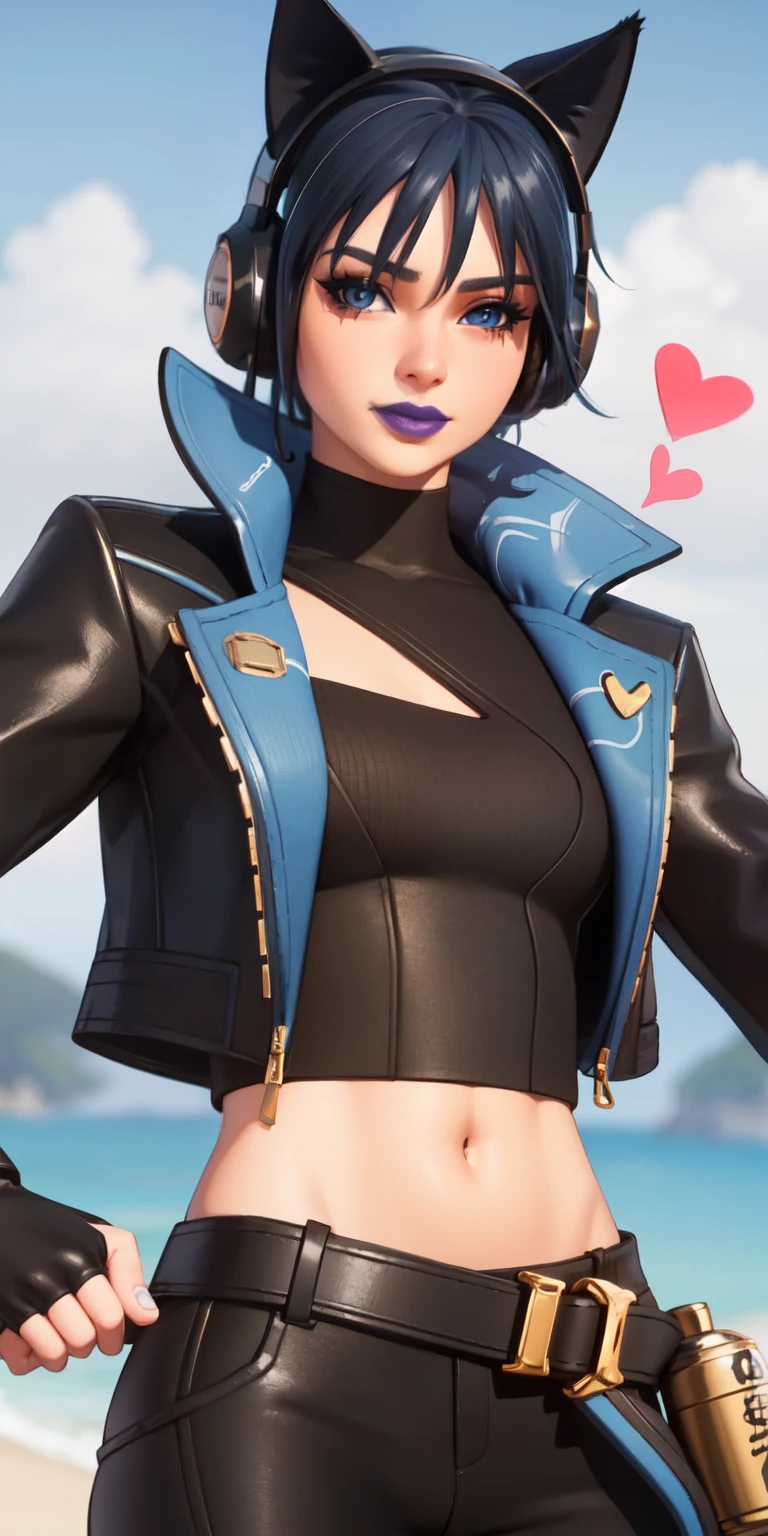 Beach background, Realistic, HeroicHopeFN, 1girl,blue hair,blue eyes, eyeshadow,upper body,(speed lines:1.1),medium breasts, love, heart, gold hearts, black jacket, jacket crop top, cat ears headphones, fake cat ears,black crop top, black pants, blue belt, gloves, black gloves, fingerless gloves, holster, holster spray cans, navel, purple lips, lipsticks, winked, happy, looking at viewer, facing viewer