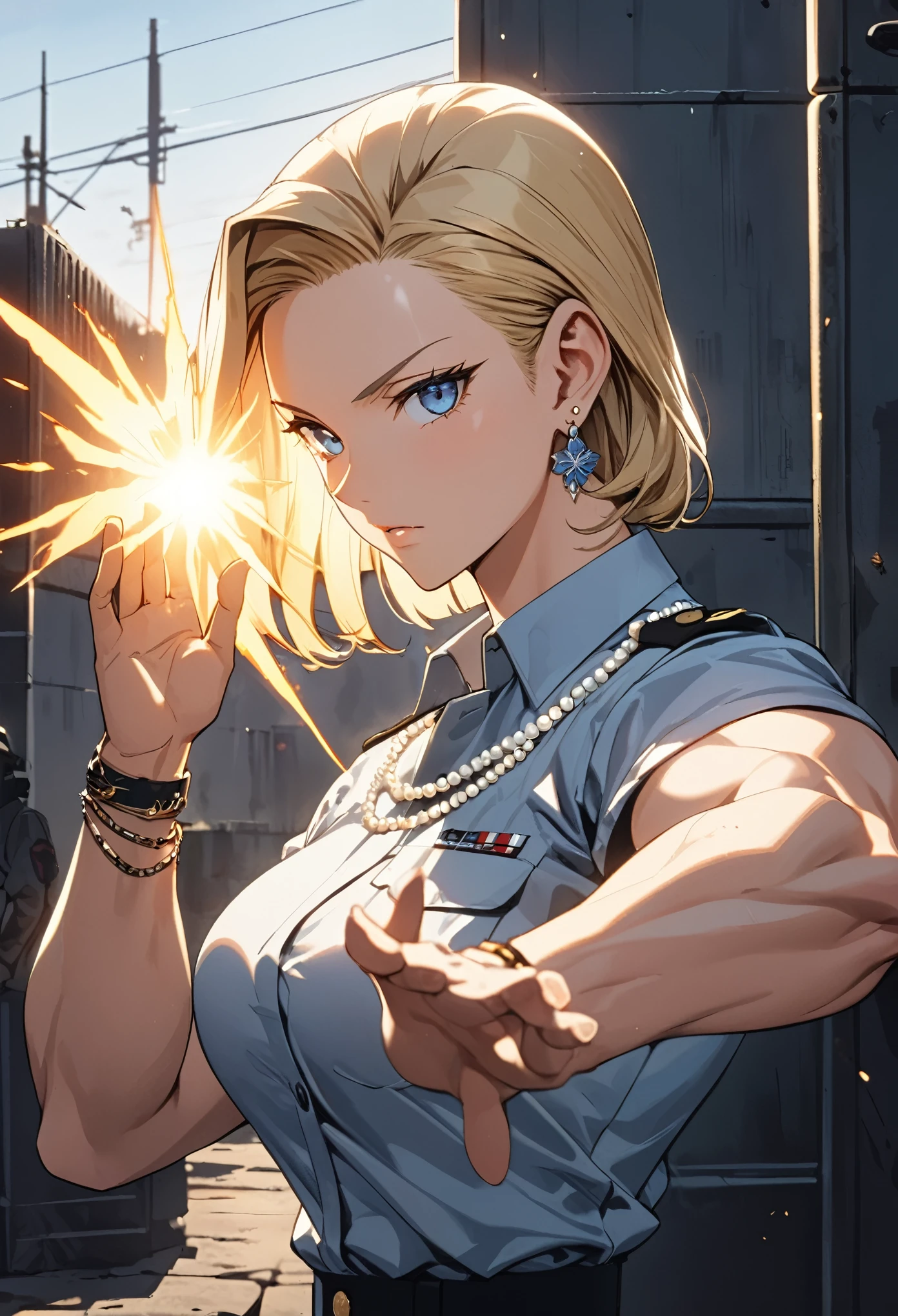 masterpiece, Highest quality, High resolution, (Artificial Human Room No. 18),1990s \(style\),(E-cup beautiful breasts)、 (tall:1.2),height: 170cm,Fashion model body type、Muscular、(sexy)、nsfw,独奏,Anime-style painting style, blonde, blue eyes, Military Shirts,Pearl_necklace, bracelet, Earrings, Short slicked back hair, Earrings,Composition focusing on the upper body,(Cool look)、(Pointed eye corners),The background is the outdoors of a military base.,Cinematic lighting,Ultra-fine,magnificent view、Kamehameha from the hand