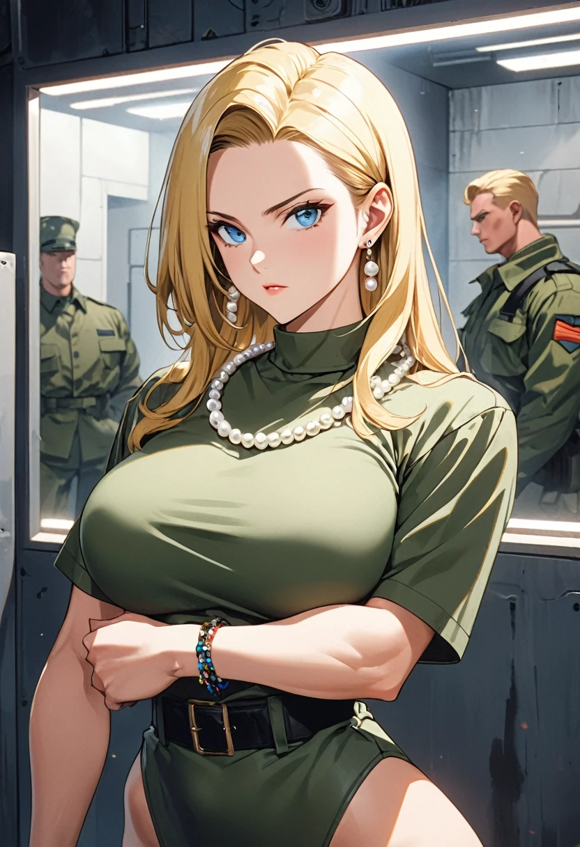 masterpiece, Highest quality, High resolution, (Artificial Human Room No. 18),1990s \(style\),(E-cup beautiful breasts)、 (tall:1.2),height: 170cm,Fashion model body type、Muscular、(sexy)、nsfw,独奏,Anime-style painting style, blonde, blue eyes, green military shirt,Pearl_necklace, bracelet, Earrings, Short slicked back hair, Earrings,Composition focusing on the upper body,(Cool look)、(Pointed eye corners),The background is the outdoors of a military base.,Cinematic lighting,Ultra-fine,magnificent view、Kamehameha from the hand