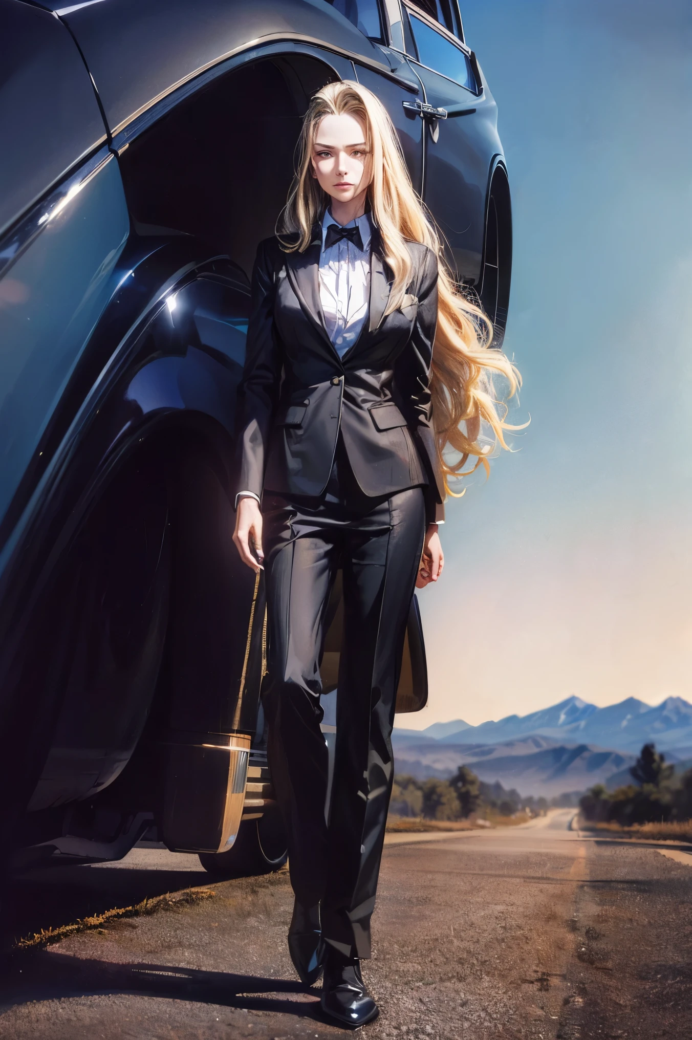 Portrait of european woman with (long straight blonde hair), wearing a (black business suit, black formal boots) standing near ((Buick Roadmaster 96)), Badlands background with dead trees. super high quality, super high detail, masterpiece, 4k, 8k, HDR, masters of the universe, masterpiece, best quality, anatomically accurate, detailed face, pretty face, extremely detailed face, ((((1girl)))), (long hair), (long legs),