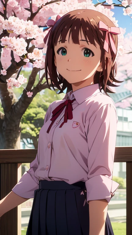 Amami Haruka, (smile: 1.2), Clasp your hands and bring them in front of your chest, , Best lighting, Complex pupil, Intricate weaving, Detailed Background, school uniform, Long sleeve, Small symmetrical ribbons on either side of the head, break, Under the cherry tree, Cherry blossom petals fluttering, (View from below: 1.1)