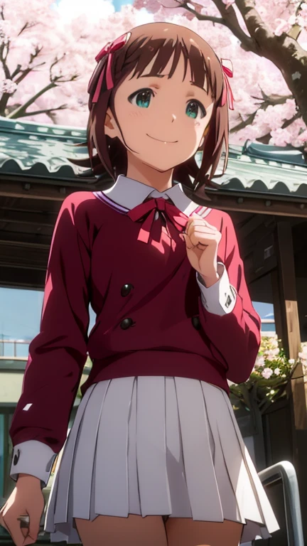 Amami Haruka, (smile: 1.2), Clasp your hands and bring them in front of your chest, , Best lighting, Complex pupil, Intricate weaving, Detailed Background, school uniform, Long sleeve, Small symmetrical ribbons on either side of the head, break, Under the cherry tree, Cherry blossom petals fluttering, (View from below: 1.1)