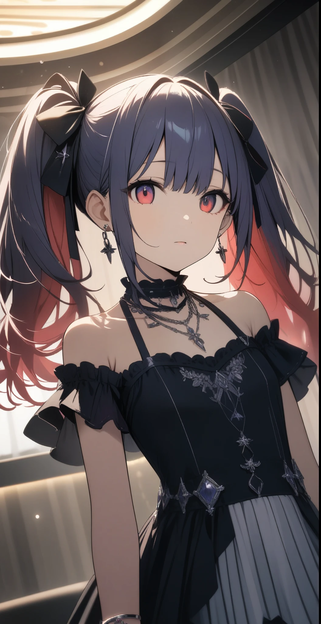 kurumitokisaki, tokisaki kurumi, clock eyes, black hair, twintails, (red eyes:1.2), (yellow eyes:1.3), heterochromia, (small breast:1.3), smile,
BREAK hairband, dress, bow, ribbon, gothic fashion, gothic, 
BREAK looking at viewer, 
BREAK outdoors, city, 
BREAK (masterpiece:1.2), best quality, high resolution, unity 8k wallpaper, (illustration:0.8), (beautiful detailed eyes:1.6), extremely detailed face, perfect lighting, extremely detailed CG, (perfect hands, perfect anatomy),