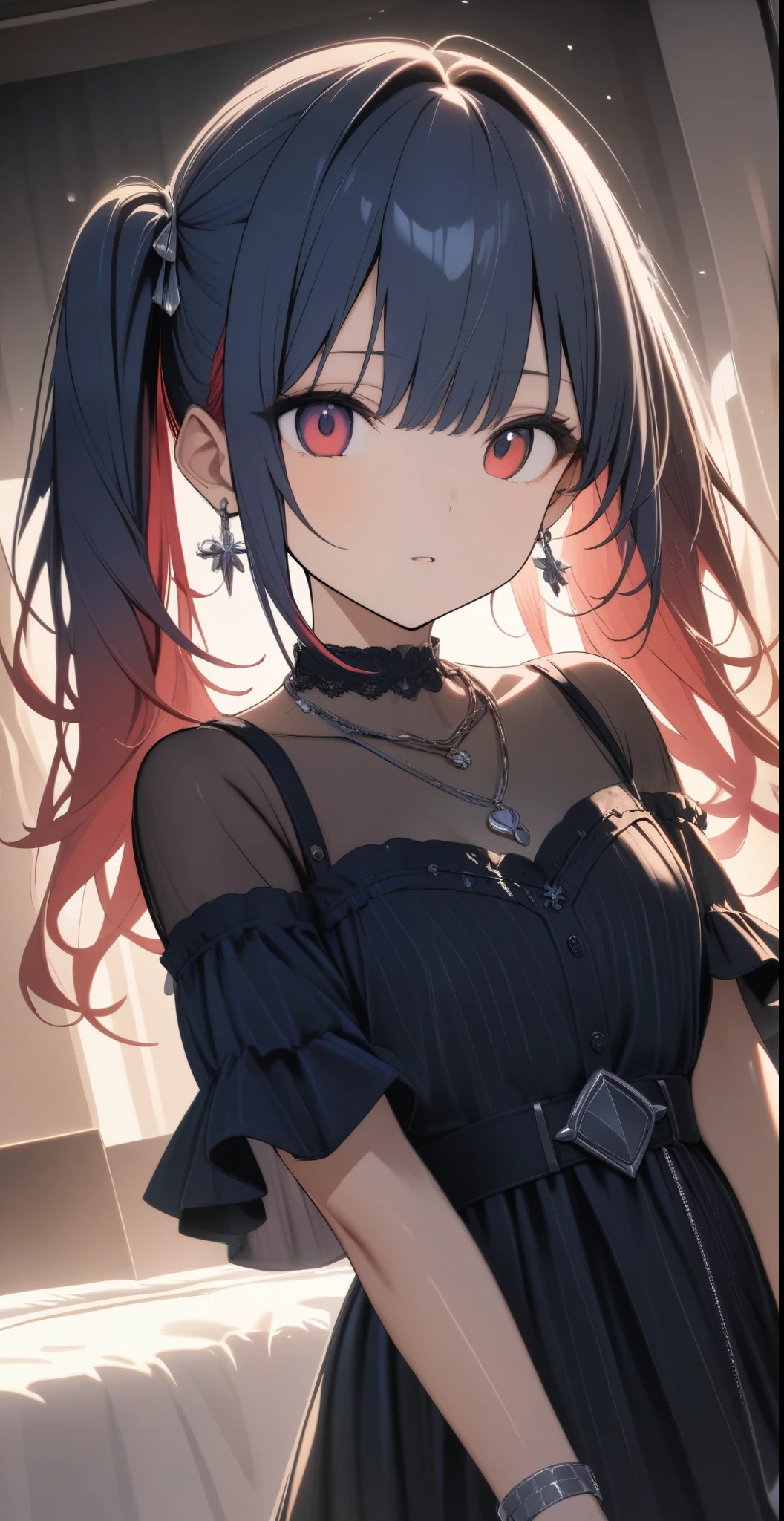 One,((Silver Accessories、Earrings、necklace、bracelet、ring、Gothic Fashion、Thick rubber sole))、((Indigo gradient hair color、Bright and deep red inner color hairstyle、Pigtails), Beautiful Hair, Facial Contour, Remember、illumination、splash, Lens flare,Natural Color, High resolution, Very delicate, Very detailed, 8k,Shyness,((Sexual))、Hotel、bed、Top view angle、Up angle of view