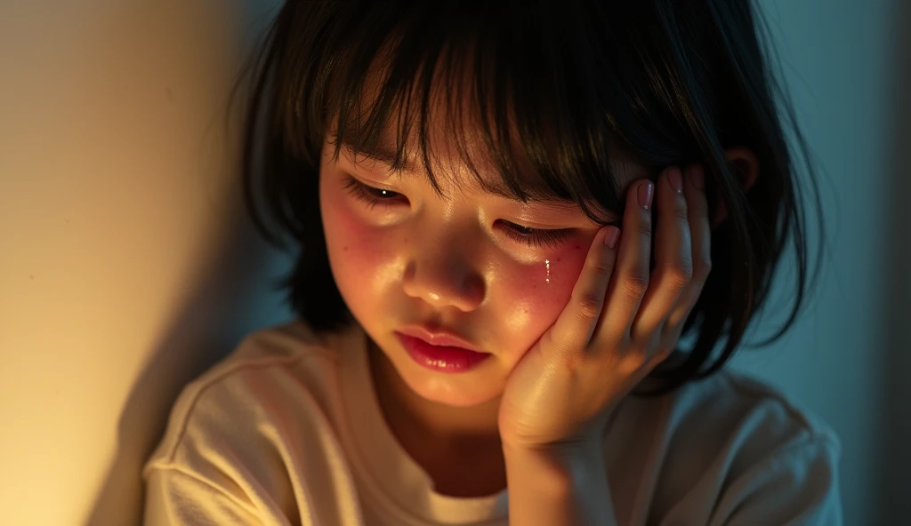 Hello, I need to generate an image with a black background, of a sad and crying child from the middle of the body.