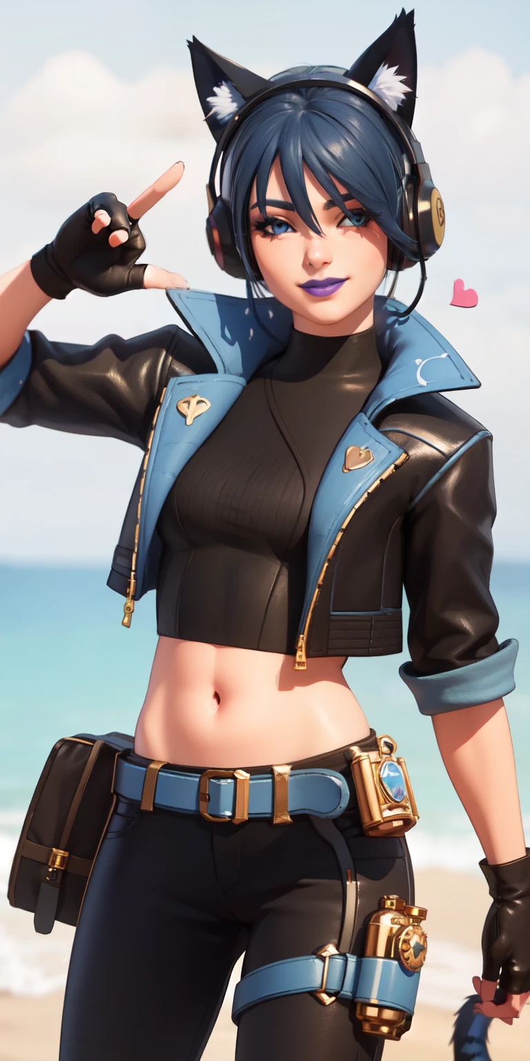 Beach background, Realistic, HeroicHopeFN, 1girl,blue hair,blue eyes, eyeshadow,upper body,(speed lines:1.1),medium breasts, love, heart, gold hearts, black jacket, jacket crop top, cat ears headphones, fake cat ears,black crop top, black pants, blue belt, gloves, black gloves, fingerless gloves, holster, holster spray cans, navel, purple lips, lipsticks, winking at viewer, happy, looking at viewer, facing viewer