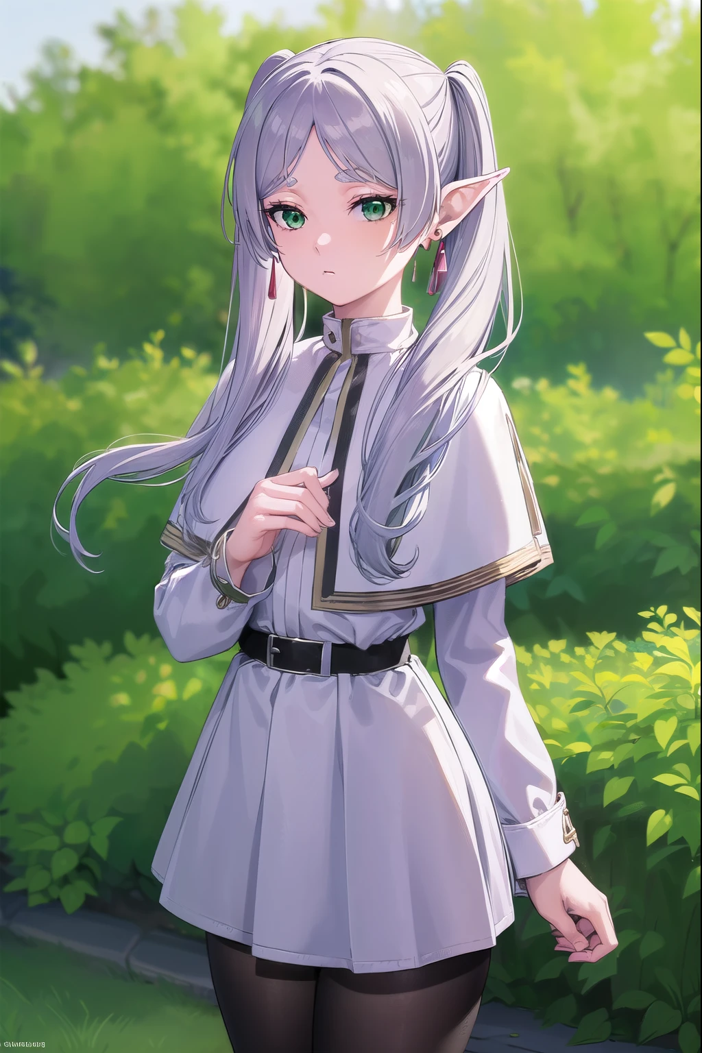 Freezing, Freezing, Long Hair, Twin tails, (Green Eyes:1.5), Grey Hair, Pointed Ears, Fairy,
break shirt, Long sleeve, jewelry, pantyhose, Earrings, Striped, black pantyhose, Capelet, Striped shirt,
break outdoors, null, nature,
break looking at viewer, (Cowboy Shot:1.5),
break (masterpiece:1.2), Highest quality, High resolution, unity 8k wallpaper, (figure:0.8), (Beautiful attention to detail:1.6), Highly detailed face, Perfect lighting, Highly detailed CG, (Perfect hands, Perfect Anatomy),