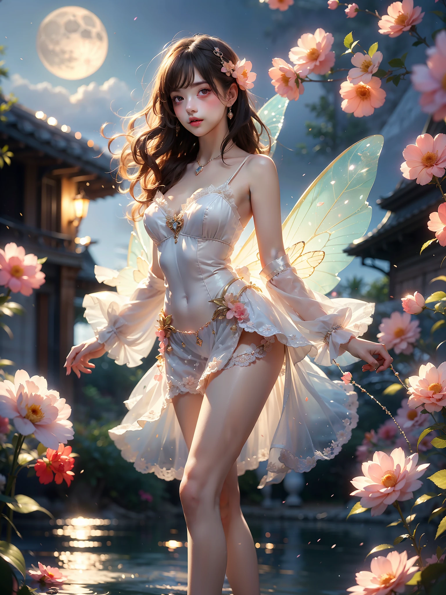 iridescence (High quality details), 1 Girl, solo, Young women, Elegant Posture, ((night, moonlight)), In the water, (Focus on natural body posture and correct anatomy:1.3), (Perfect leg proportions:1.3)，(True and accurate leg shape:1.2), ((Natural leg position)), The skirt is very short, One hand stroked the hem of the skirt, Lift the hem of the skirt, Bare shoulders, Natural posture, Soft expression, Exquisite makeup, Soft blush, Bright Eyes, Soft lips, Flower fairy style, ((Anatomically accurate)), (Real natural legs), Smooth skin, Soft lighting, high resolution, 8K Ultra HD, Clear focus, Professional photography effects, Random elegant scenes, Multi-angle shooting