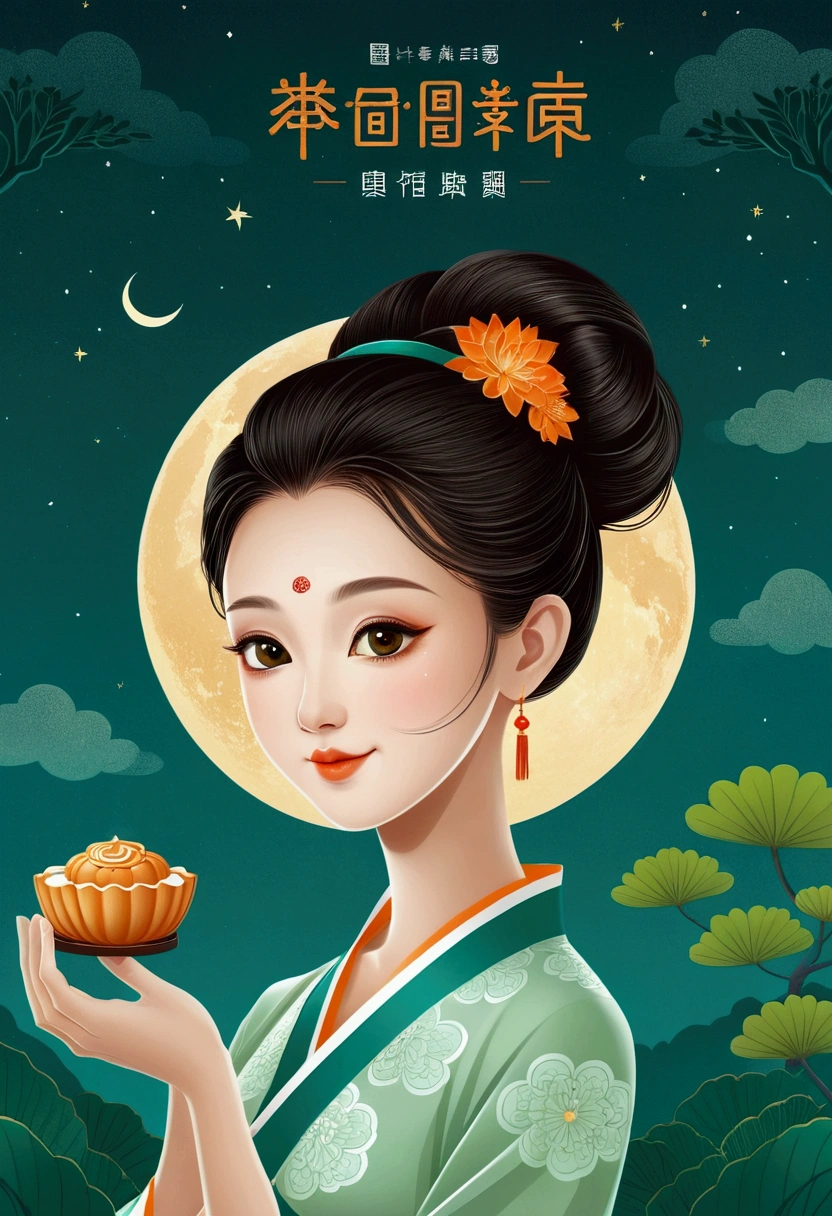 Mid-Autumn Festival poster design，girl，Cyan and Green， mooncakes，moon，orange color，big eyes，Cute expression，Two hair buns，cheongsam，cartoon，Fresh，Romantic，Simple，Modern design，Flat illustration