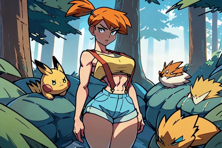 Misty_Pokemon, 20 years old, young adult, medium breasts, fit toned body, curvy hips with big ass, yellow crop top, blue shorts, suspenders, orange hair, side ponytail, looking at viewer, serious, standing in a forest, surrounded by pokemons, extreme detail, masterpiece, beautiful quality, pikachu, togepi, gardevoir,