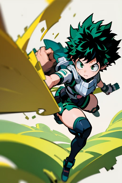 ((illustration)), (best quality)), ((masterpiece)), (detailed), blurry background, character focus, solo, izuku midoriya, midoriya izuku, short hair, (green eyes:1.3), female focus, green hair, messy hair, freckles, full body, large breast