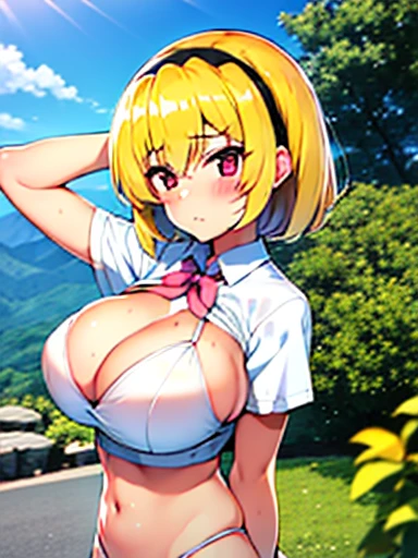 Rugged Mountains , A girl with short hair, blonde hair and a headband and big breasts, jksatoko,  比基尼