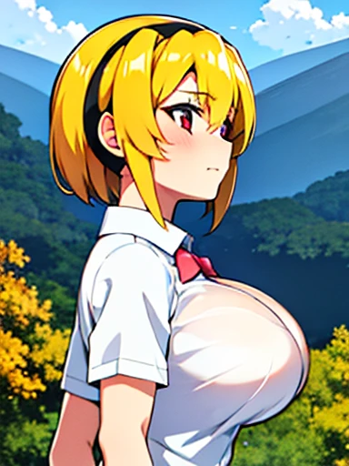 Rugged Mountains , A girl with short hair, blonde hair and a headband and big breasts, jksatoko,  比基尼