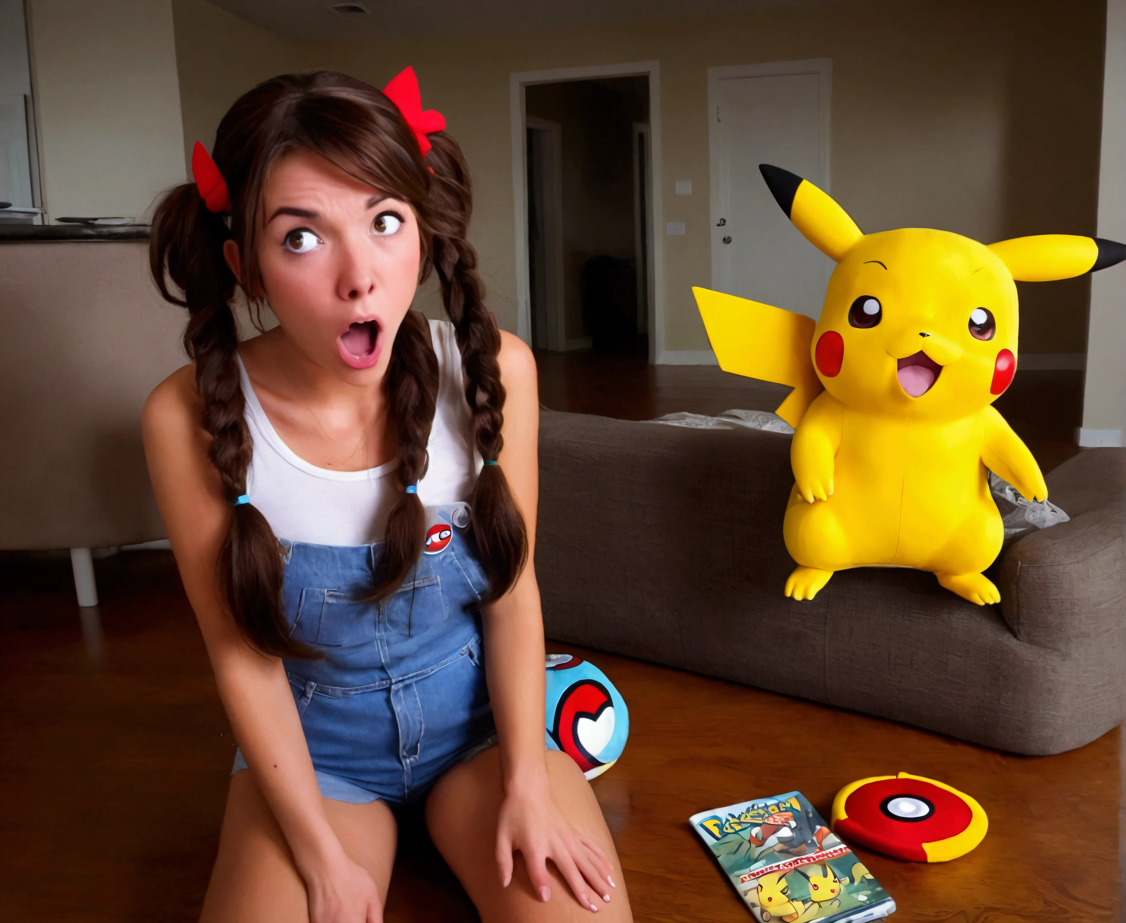 a cute woman (age 25, pokemon trainer, little outfit, shocked expression, slightly singed and charred, messy hair) has just been shocked by her Pikachu, living room, funny scene
