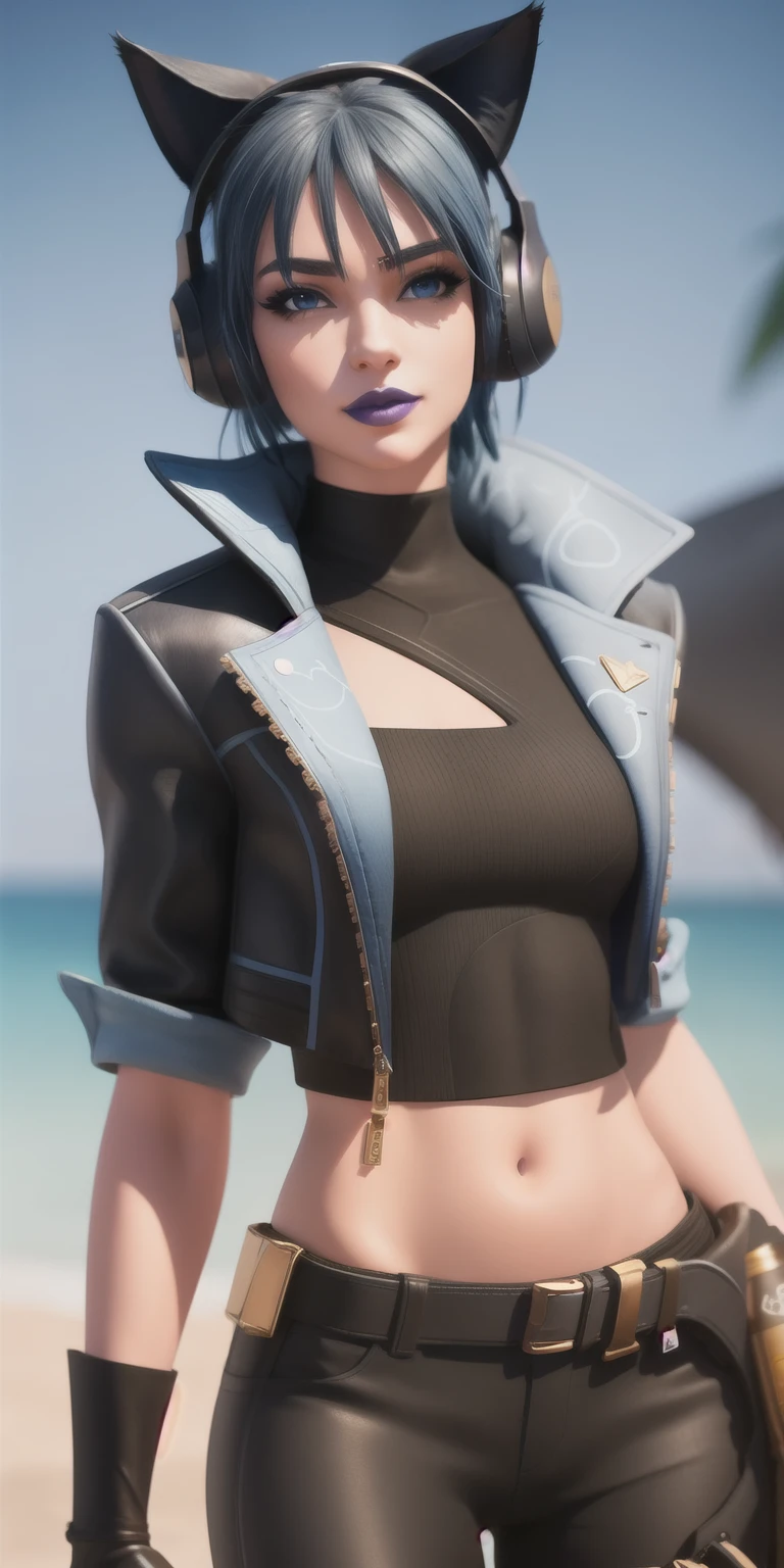 Beach background, Realistic, HeroicHopeFN, 1girl,blue hair,blue eyes, eyeshadow,upper body,(speed lines:1.1),medium breasts, love, heart, gold hearts, black jacket, jacket crop top, cat ears headphones, fake cat ears,black crop top, black pants, blue belt, gloves, black gloves, fingerless gloves, holster, holster spray cans, navel, purple lips, lipsticks, happy, looking at viewer, facing viewer