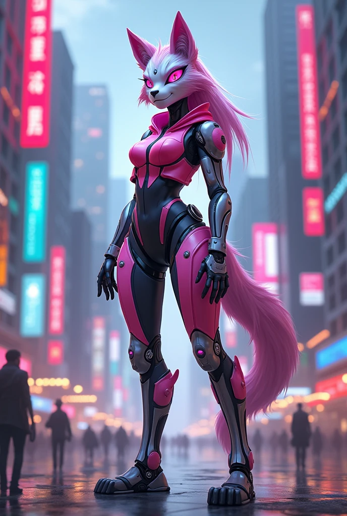 by whisperfoot, burgerkiss, fluff-kevlar, Zackary911, Kenket, Kilinah, Zackary911, (((Sylveon, woman, breasts, antrum, extremely detailed, extremely detailed legs, extremely detailed arms, extremely detailed face, perfectly detailed eyes, perfectly detailed anatomy))): 1.2, solo, perspective, curved thighs, wide hips, thick thighs, d cup mecha breasts, curvature, (robotic, high-tech, android, mechanical), look from down, In_the_city, (sfw), (exposing), (thick fur), cute, (night), sidewalk,full body