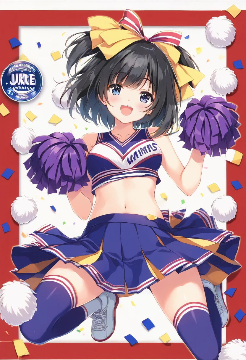 (masterpiece, best quality:1.2), 1girl, full body,cheerleaders,black hair,bob hair,(pom-pom in both hands:1.3),jump