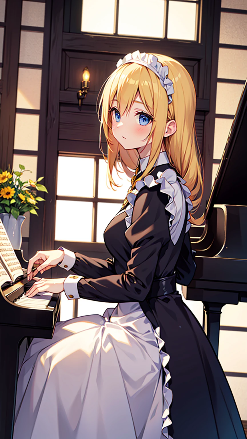 an anime drawing about a young blonde lady, blue eyes, beautiful body, dressed with a black maid dress, playing the piano in a large room. Background is a old fashioned house, huge and rich, with yellow lamps and beautiful flowers, rustic walls, very detailed, 4K, colorful, predominant rustic orange, rustic details, perfect body, perfect face, perfect hands, masterpiece.