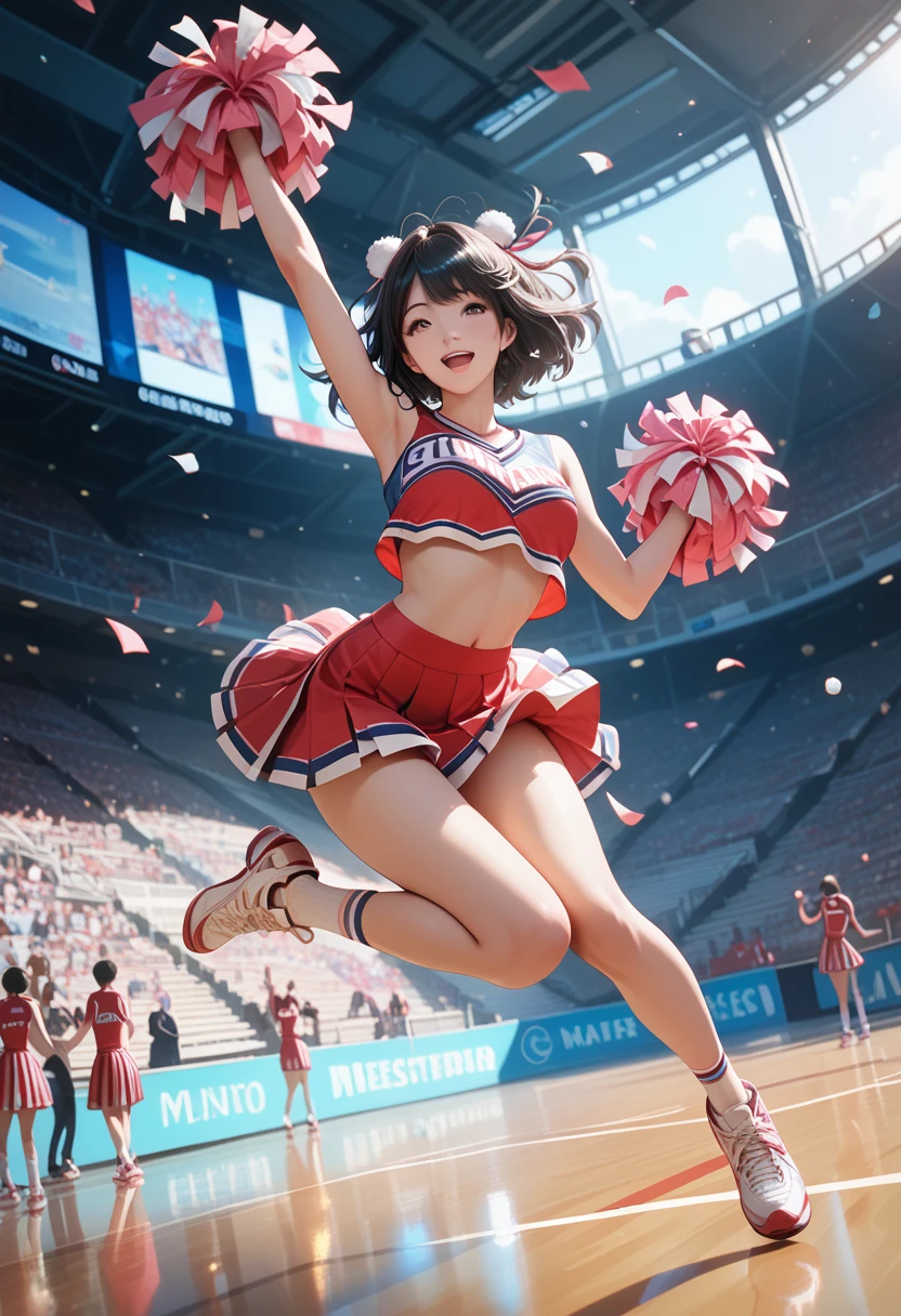 (masterpiece, best quality:1.2), 1girl, full body,cheerleaders,black hair,bob hair,(pom-pom in both hands:1.3),jumping