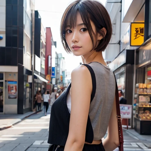 A japanese girl with casual clothes to date with her boyfriend, boyish, after work, brown short cut hair, big tits, Full body shot, 1girl, Surrealism, high detail, Realism, UHD, super detail, textured skin, high details, high quality