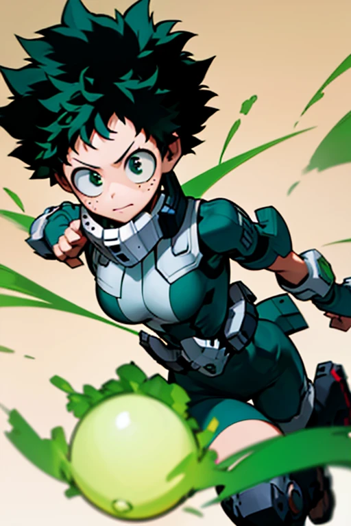 ((Concept art)), (best quality)), ((masterpiece)), (detailed), blurry background, character focus, solo, izuku midoriya, midoriya izuku, short hair, (green eyes:1.3), female focus, green hair, messy hair, freckles, half body, large breast, empty background,