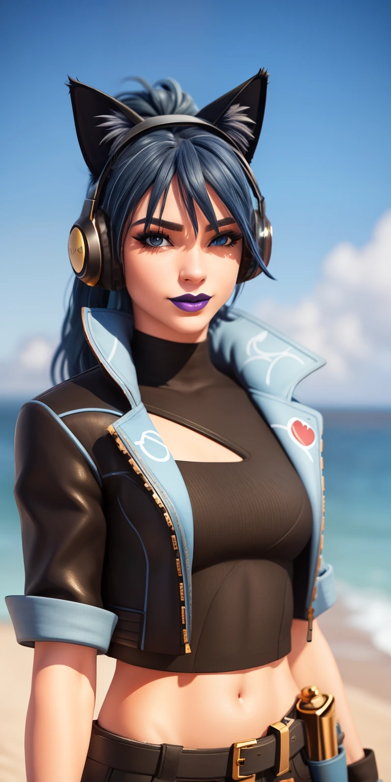 Beach background, Realistic, HeroicHopeFN, 1girl,blue hair,blue eyes, eyeshadow,upper body,(speed lines:1.1),medium breasts, love, heart, gold hearts, black jacket, jacket crop top, cat ears headphones, fake cat ears,black crop top, black pants, blue belt, gloves, black gloves, fingerless gloves, holster, holster spray cans, navel, purple lips, lipsticks, happy, looking at viewer, facing viewer