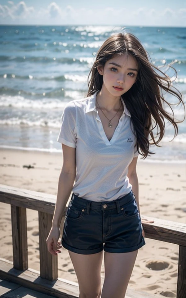 length, Slightly wavy hair, Wearing a polo shirt, Shorts、Delicate lace details, A beautiful small necklace, Natural pose, Are standing, Put your hands at your sides, Looking into the distance, Smooth Skin, Soft natural light, Resort Hotels, You can see the sea in the background, Calm and refreshing atmosphere, Front view, close, Shallow depth of field, Well-balanced exposure