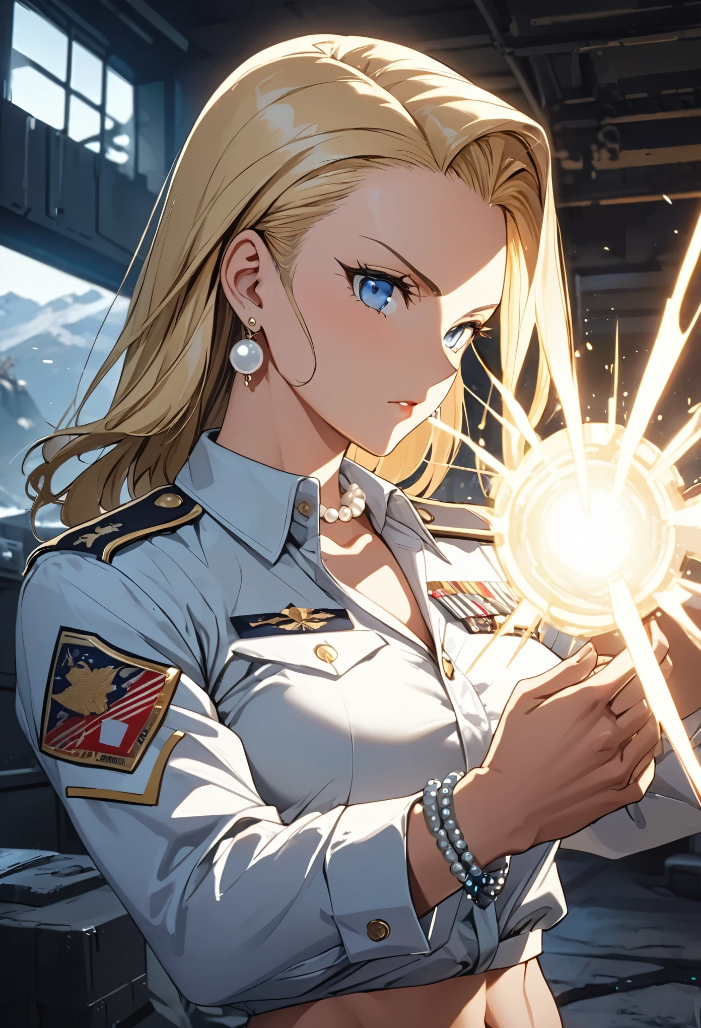 masterpiece, Highest quality, High resolution, (Artificial Human Room No. 18),1990s \(style\),(E-cup beautiful breasts)、 (tall:1.2),height: 170cm,Fashion model body type、Muscular、(sexy)、nsfw,独奏,Anime-style painting style, blonde, blue eyes, Military Shirts,Pearl_necklace, bracelet, Earrings, Short slicked back hair, Earrings,Composition focusing on the upper body,(Cool look)、(Pointed eye corners),The background is the outdoors of a military base.,Cinematic lighting,Ultra-fine,magnificent view、Kamehameha from the hand