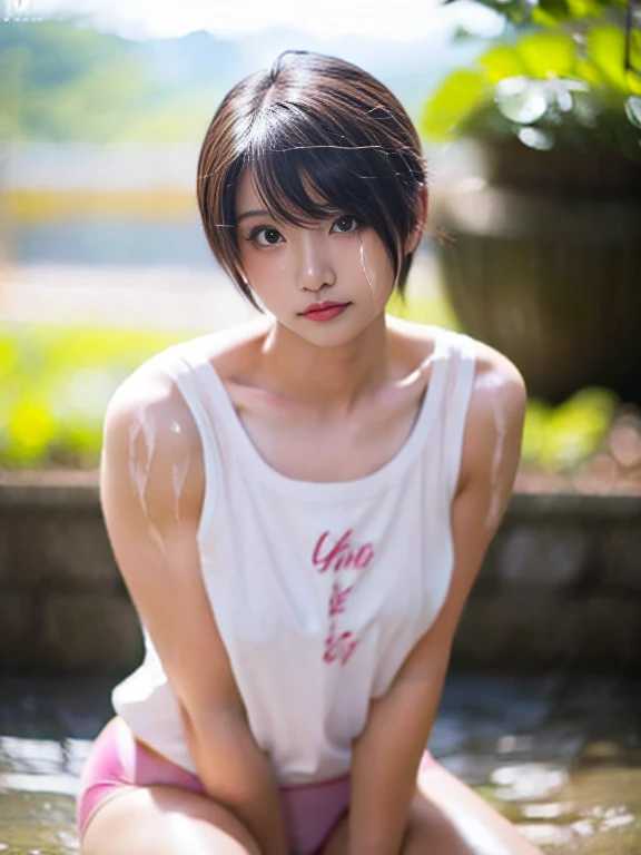 {
  "prompt": "A beautiful Japanese girl standing in the rain. She has short bob hair in silver-gray, wet and clinging to her face and neck. Her large, transparent blue eyes reflect the raindrops, making them sparkle like stars. Her expression is soft, with a gentle smile. She has flawless skin with a hint of pink on her cheeks. She wears a white T-shirt, wet and sticking to her body, revealing her shoulders and collarbone. She also wears denim shorts. The background is blurr