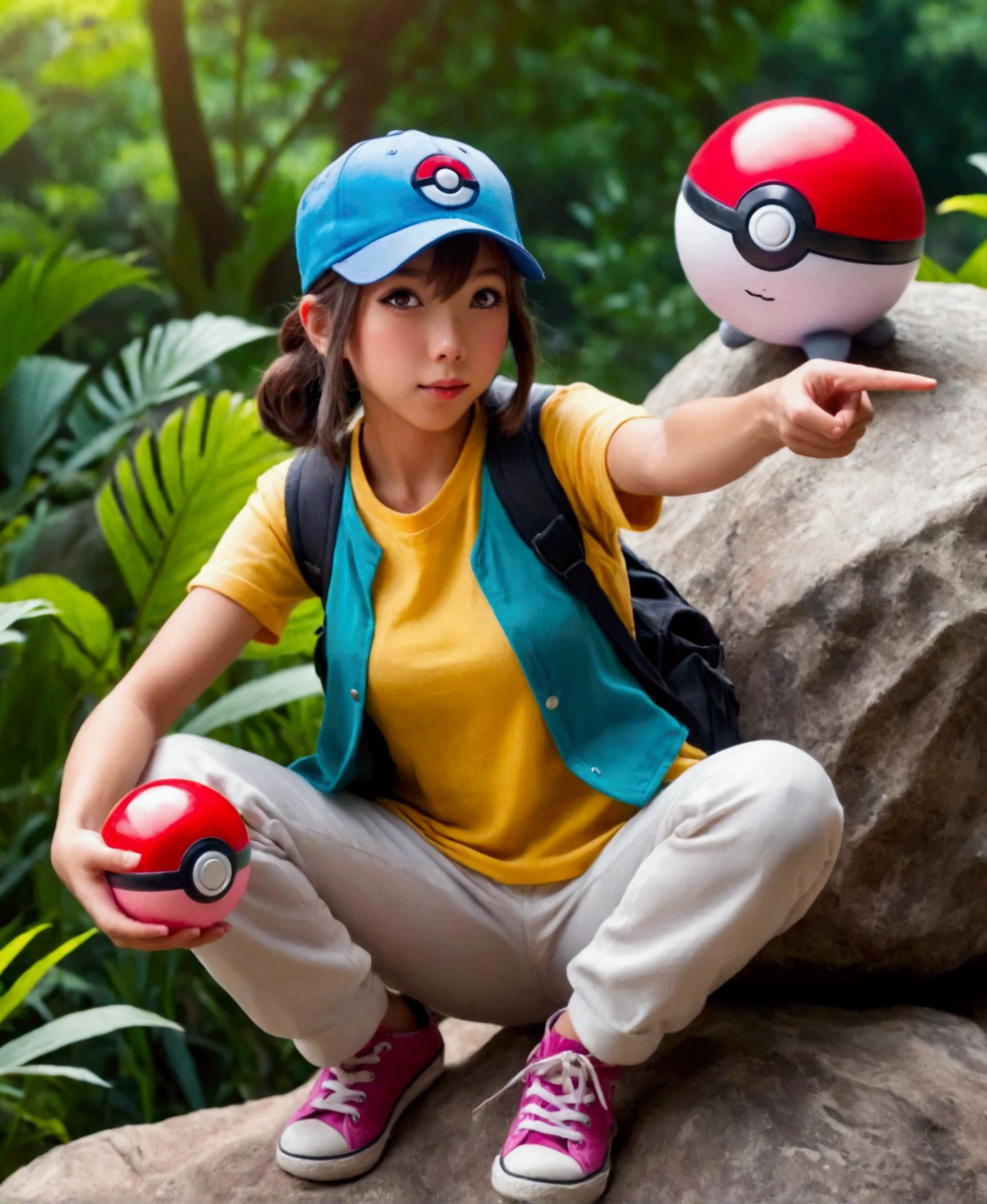 RAW photo, (closeup:1.2), portrait photo of  japanese girl, rose pink & sky blue pokemon trainer outfit, baseball hat, backpack, fingerless gloves, PokeBall, pokemon gym, action pose, natural skin,  8k uhd, high quality, film grain, Fujifilm XT3