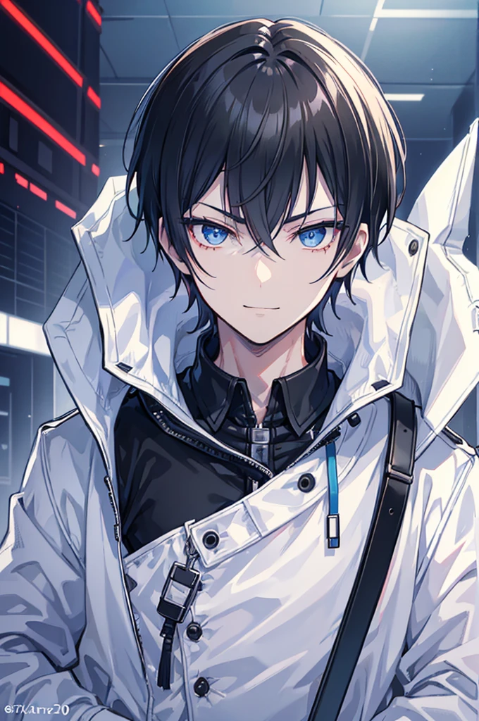 Face_through_torso, 1man, cyberpunk, short_hair(black_hair, hair_between_eyes), sharp_blue_eyes, confident_smile, wearing black hoodie as innerwear, wearing clearly white trench coat, one_hand_in_coat_pocket, mature_male_body_proportions(20s)