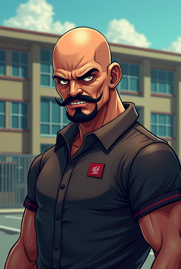 I want fun features like the character angry from the movie with a goatee and mustache and bald in front of a school, his name is Deivid