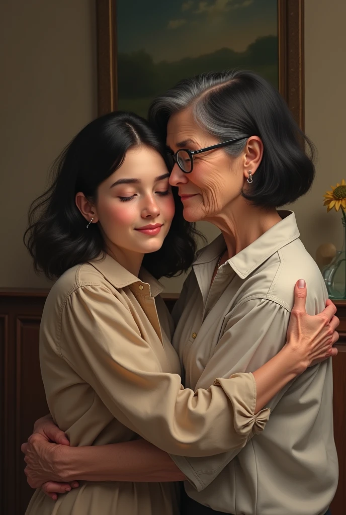Create a photo of a 30 year old young woman, with a slender and beautiful body, completely naked, with white and clear skin, with long light brown hair, wearing hoop earrings and has her back to the camera as she is lifted with her legs up onto the shoulder of an obese black 90 year old elderly lady, dark black skinned, who has short hair, who wears glasses and a blue dress
